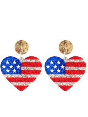 USA Patriotic 4th of July Heart Glitter Flag Earrings Acrylic America 250th NIP